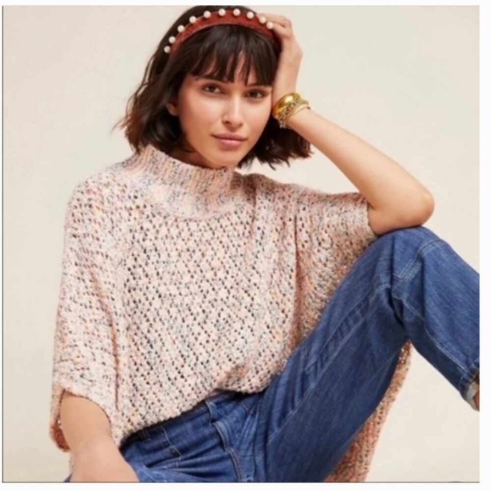 Akemi+Kin Mock Neck Multi Color Knit Poncho Flowy Crochet Womens Feminine Fall